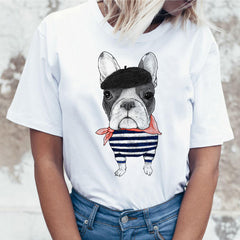 Color: G, Size: XL - Cartoon Animal Cat And Dog Print Slim Round Neck Street Trendy Women's Shirt