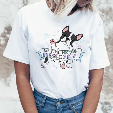 Color: C, Size: L - Cartoon Animal Cat And Dog Print Slim Round Neck Street Trendy Women's Shirt