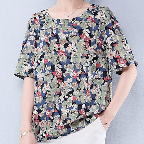 style: C, Size: XL - Summer Mid-Sleeve Loose Mother Dress Shirt Round Neck Plus Size Blouse