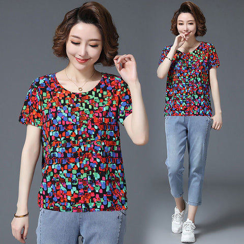 style: D, Size: L - Summer Mid-Sleeve Loose Mother Dress Shirt Round Neck Plus Size Blouse