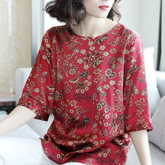 style: A, Size: L - Summer Mid-Sleeve Loose Mother Dress Shirt Round Neck Plus Size Blouse