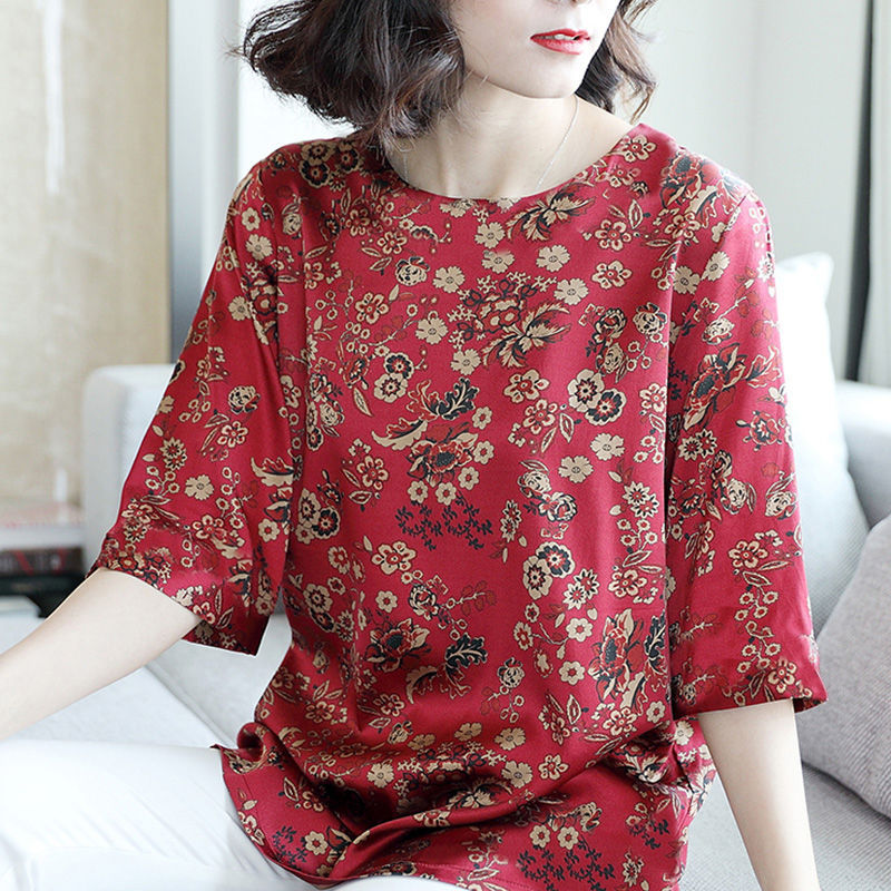 style: A, Size: XXS - Summer Mid-Sleeve Loose Mother Dress Shirt Round Neck Plus Size Blouse