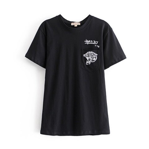 Color: Black, Size: M - Crew Neck Pocket Tiger Head Print T-Shirt