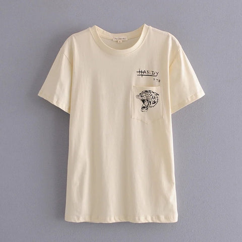 Color: Beige, Size: M - Crew Neck Pocket Tiger Head Print T-Shirt