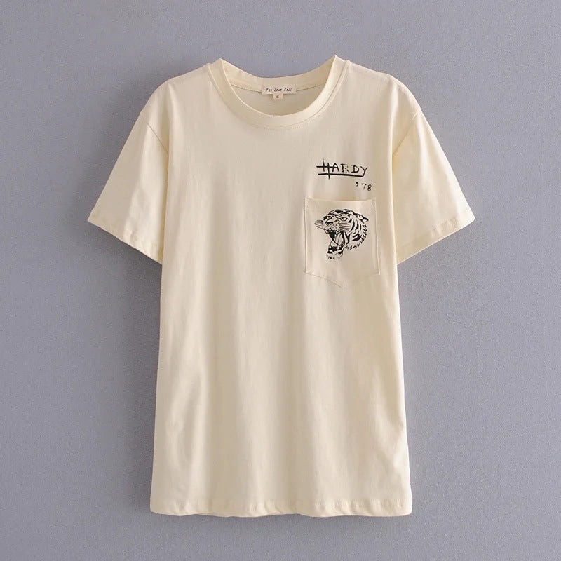 Color: Beige, Size: L - Crew Neck Pocket Tiger Head Print T-Shirt