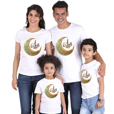 Color: QZ3072white, Size: Style 14 - Parent-child short-sleeved T-shirt Eid Mubarak moon print