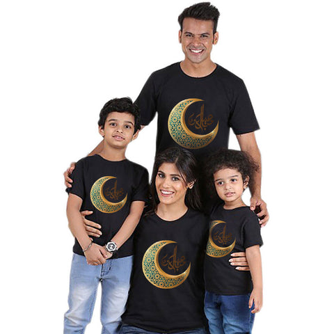 Color: QZ3072black, Size: Style 4 - Parent-child short-sleeved T-shirt Eid Mubarak moon print