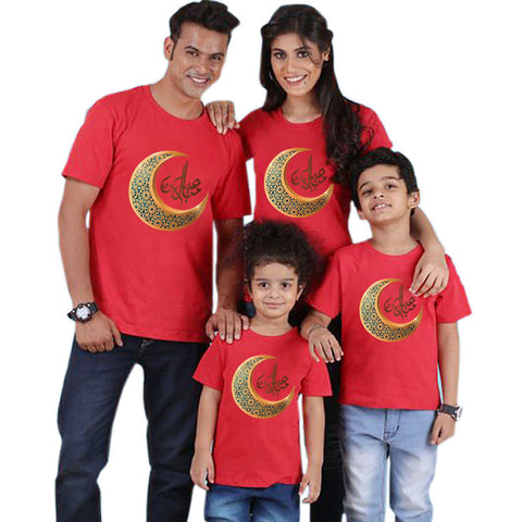 Color: QZ3072red, Size: Style 4 - Parent-child short-sleeved T-shirt Eid Mubarak moon print