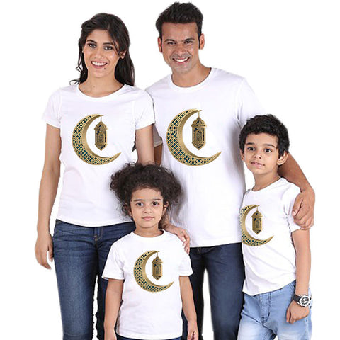 Color: QZ3074white, Size: Style 16 - Parent-child short-sleeved T-shirt Eid Mubarak moon print