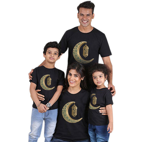 Color: QZ3074black, Size: Style 16 - Parent-child short-sleeved T-shirt Eid Mubarak moon print