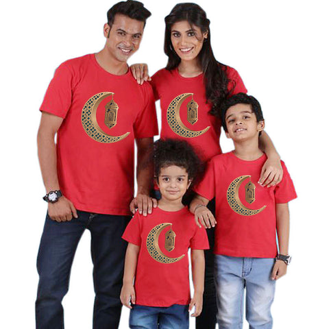 Color: QZ3074red, Size: Style 1 - Parent-child short-sleeved T-shirt Eid Mubarak moon print