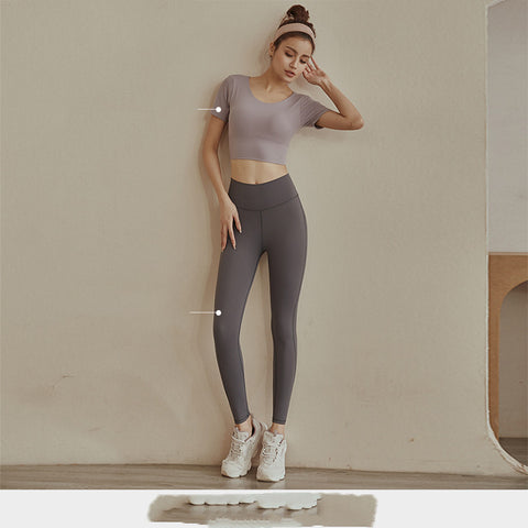 Summer Short-sleeved Suit Sports Pilates Clothes Beautiful Back Fairy Net Red Fitness Clothes - Color: Grey purple top and leggings, Size: XL