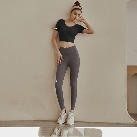 Summer Short-sleeved Suit Sports Pilates Clothes Beautiful Back Fairy Net Red Fitness Clothes - Color: Black top and gray pants, Size: XL