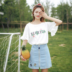 Trumpet Sleeve Summer All-match T-shirt Top Clothes Summer Tide - Color: White, Size: L