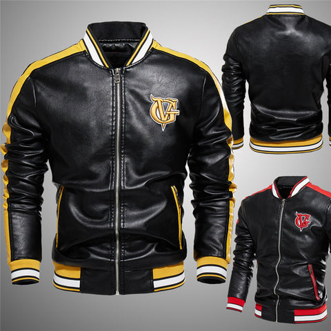 Leather Jacket Men's Stand-up Collar Color Block Faux Leather Jacket Zipper Embroidered Jacket