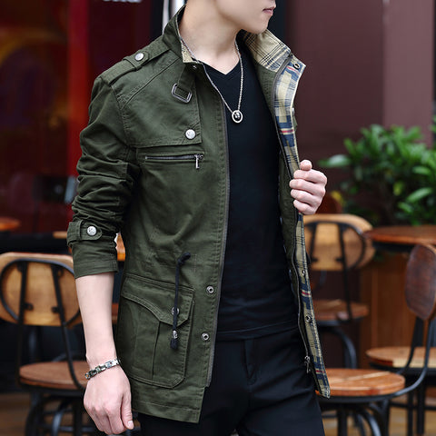 Military Jacket Young Men''s Korean Slim Fit Military Green Casual - Color: Green, Size: 2XL