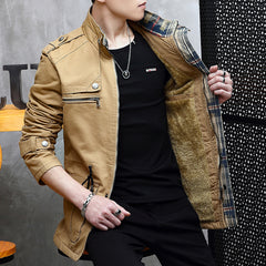 Military Jacket Young Men''s Korean Slim Fit Military Green Casual - Color: Khaki A, Size: L