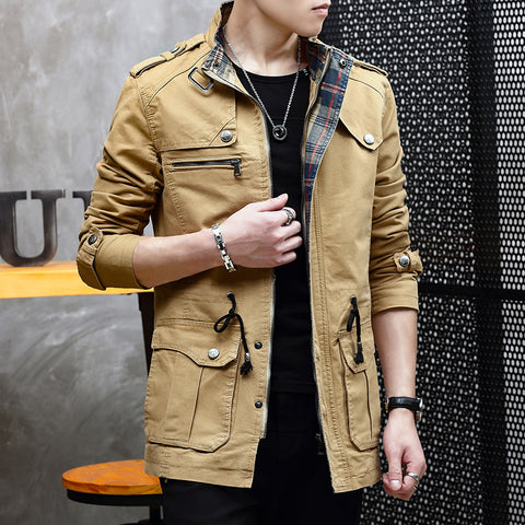 Military Jacket Young Men''s Korean Slim Fit Military Green Casual - Color: Khaki, Size: 3XL